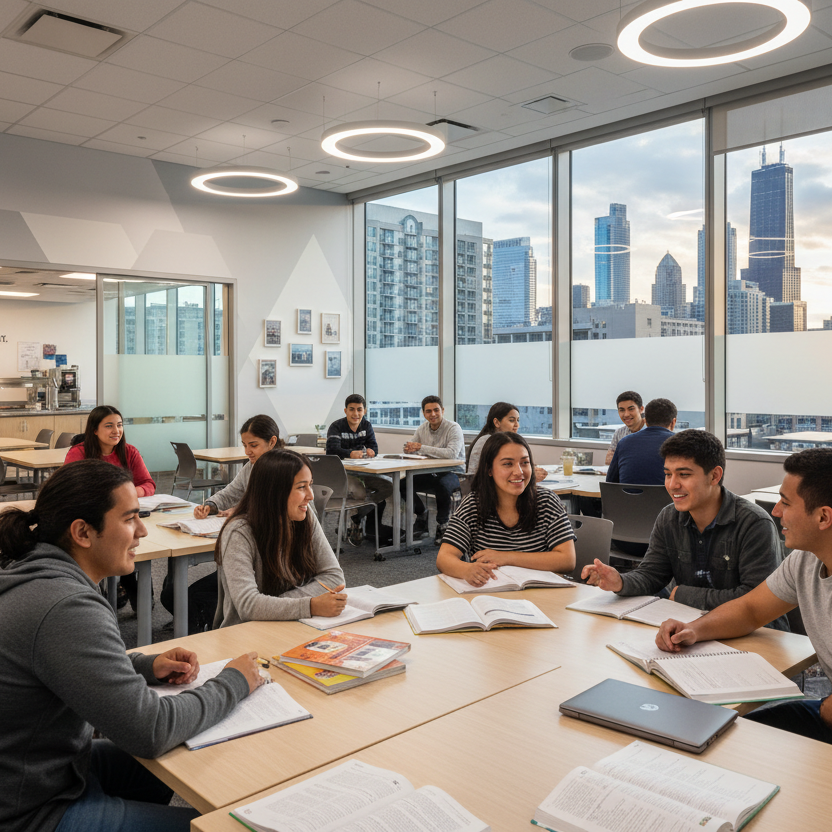 grupo de jovenes latinos estudiando ingles en chicago con opcion de alojamineto en comidas