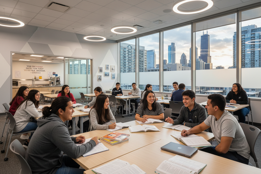 grupo de jovenes latinos estudiando ingles en chicago  con opcion de alojamineto en comidas
